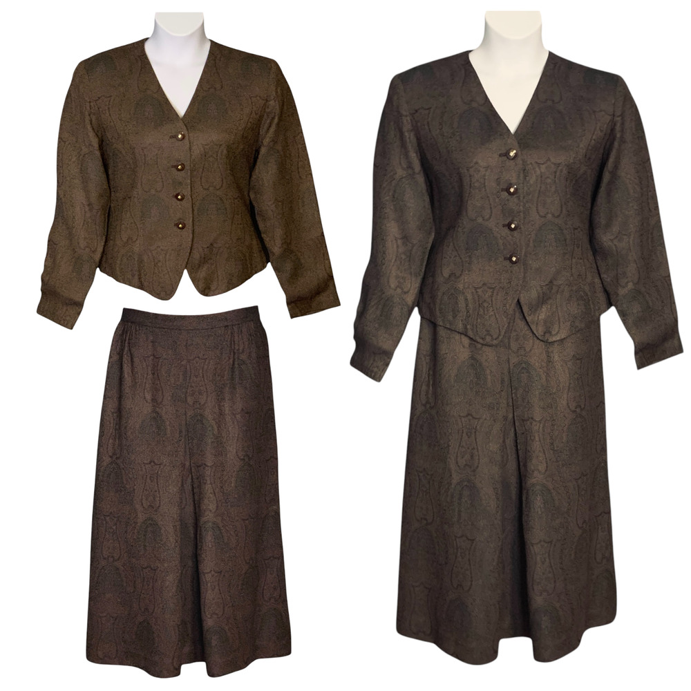Vintage 70s Kirkland Hall Midi Skirt Suit Short Blazer Sz 14 Brown Paisley Retro